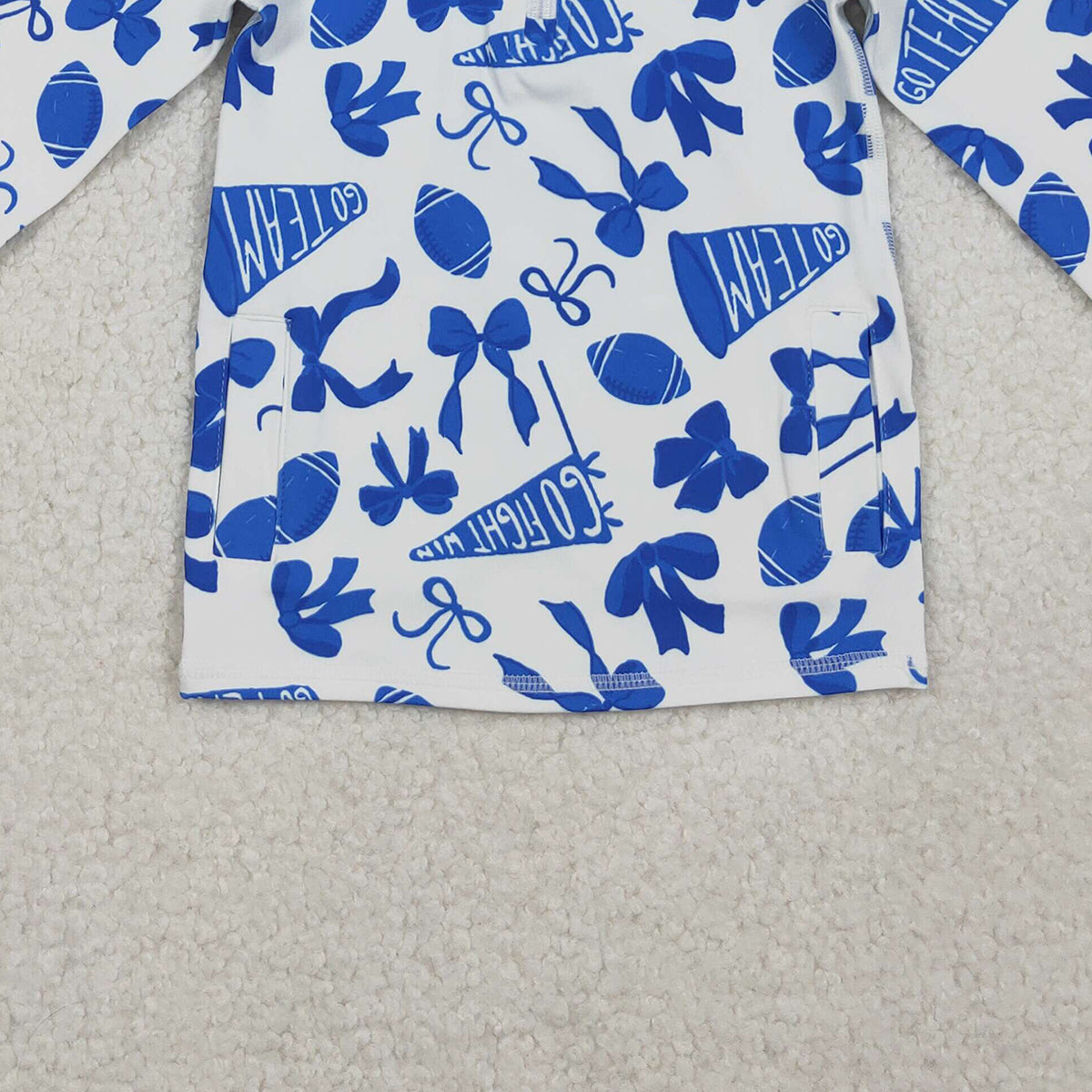 10.27 RTS NO MOQ （In stock）GT1195 Baby Girls Long Sleeve Tops Baby Girls Blue Bows Footballs Go Team Yoga Active Zipper Pullovers Top