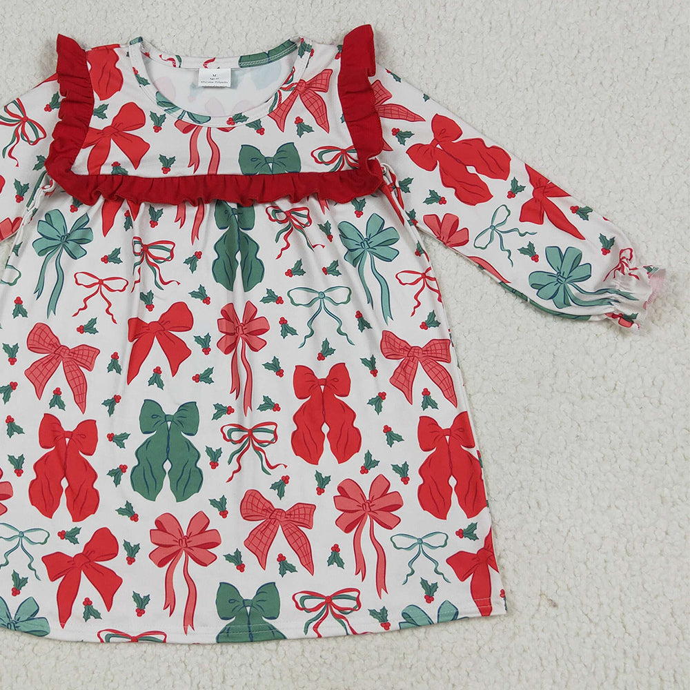 GLD1046 RTS NO MOQ Baby Girls Winter Dress Baby Girls Long Ruffle Sleeves Red Green Bows Knee Length Dresses