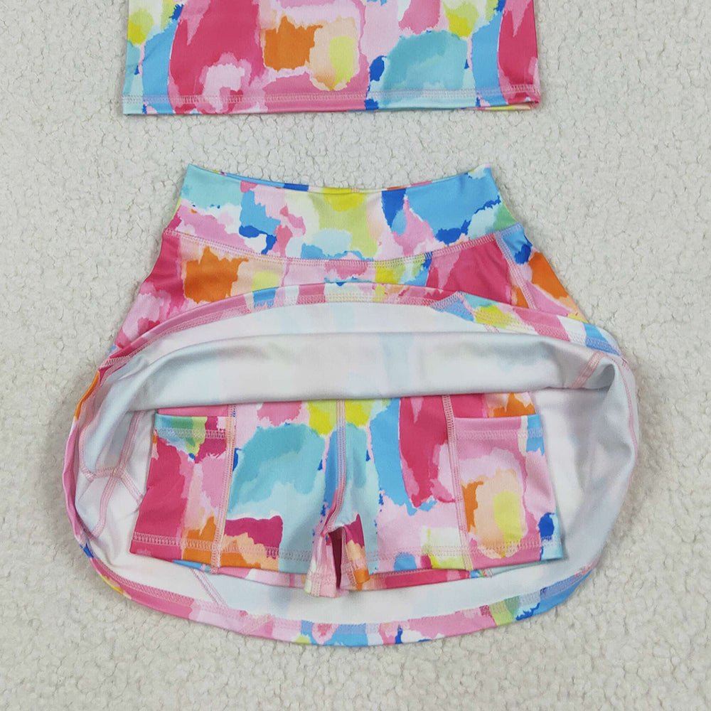8.15 GSD2625 RTS NO MOQ Baby Girls Yoga Outfits Baby Girls Sleeveless Watercolor Camo Vest Top Short Skirts Yoga Set