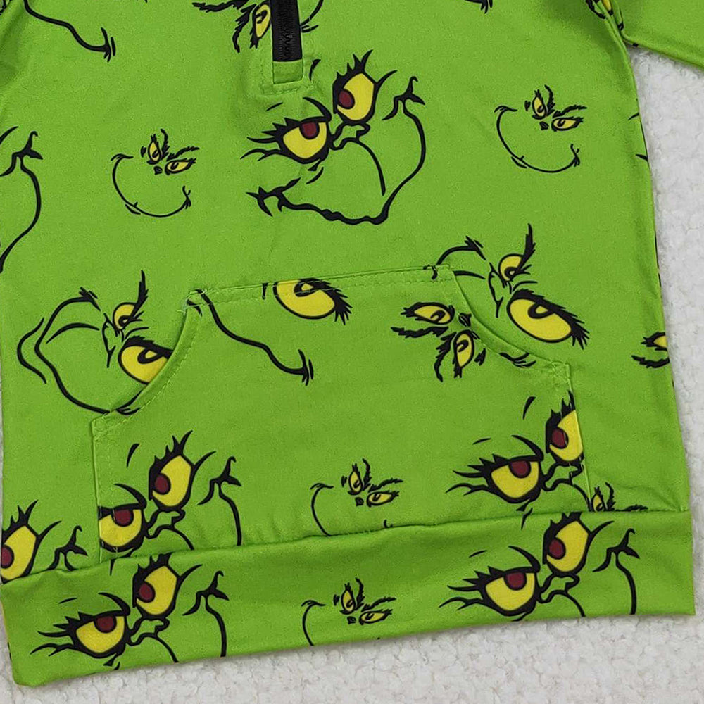 RTS NO MOQ （In stock）GT1170 Baby Girls Long Sleeve Tops Green Face Pockets Zipper Christmas Pullovers Tops