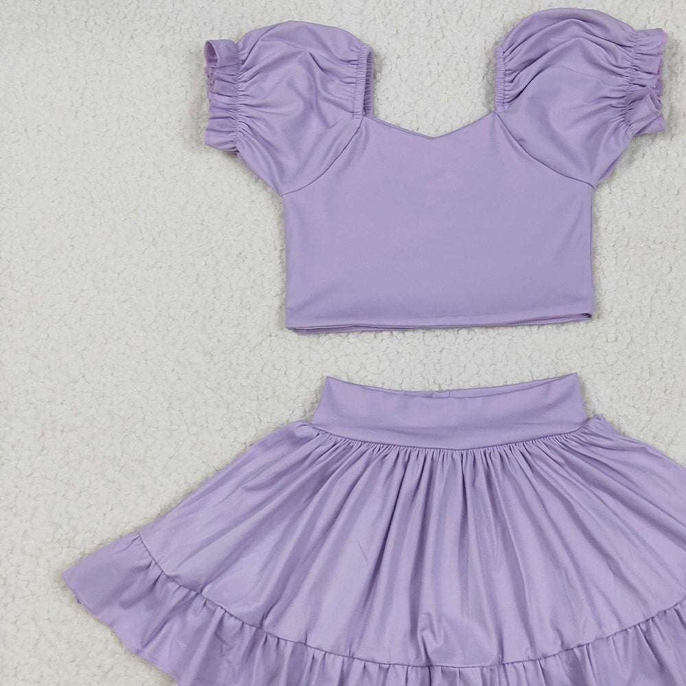 6.20 GSD2099RTS NO MOQ Baby Girls Yoga Outfits Baby Girls Lavender Short Ruffle Sleeves Top Skirt Yoga Set