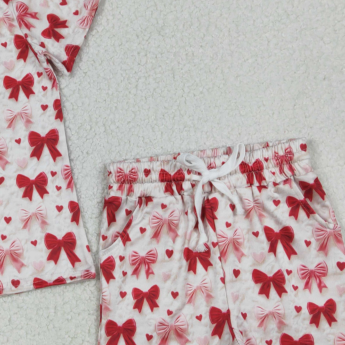 12.11 RTS NO MOQ （In stock）GSSO2835 Baby Girls Hearts Bows Top Pockets Shorts Valentines Clothes Sets
