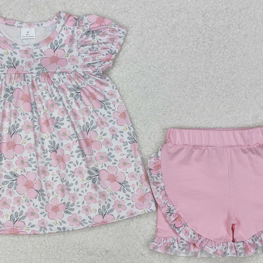 GSSO2194Girls Outfit Short Sleeve Pink Floral Tunic Top with Ruffle Shorts Set Cute Children's Clothing for Ages 5-12