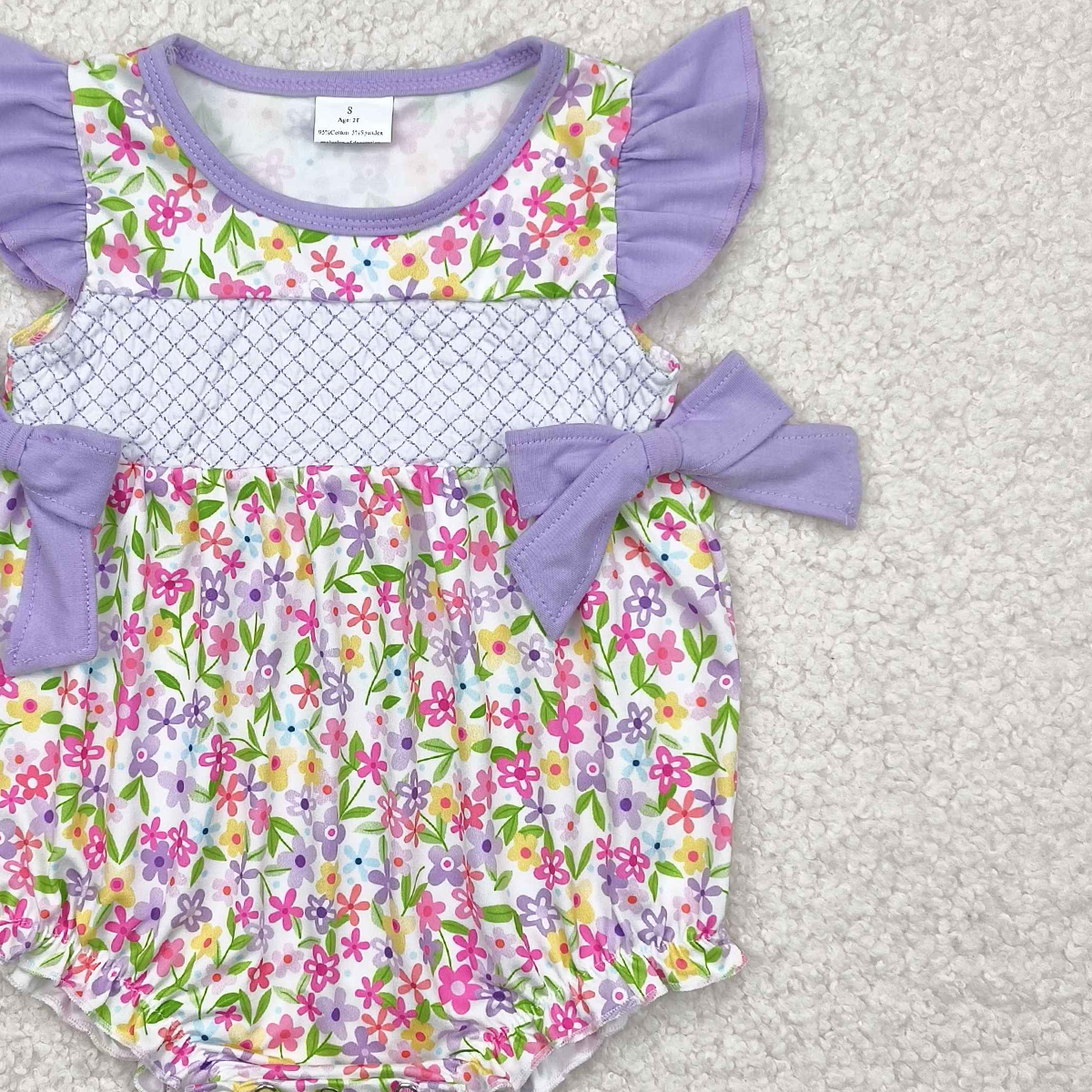 4.23 SR2928 RTS NO MOQ Baby Girls Summer Rompers Embroidery Baby Infant Girls Lavender Flutter Sleeves Floral Bows Top Ruffle Rompers