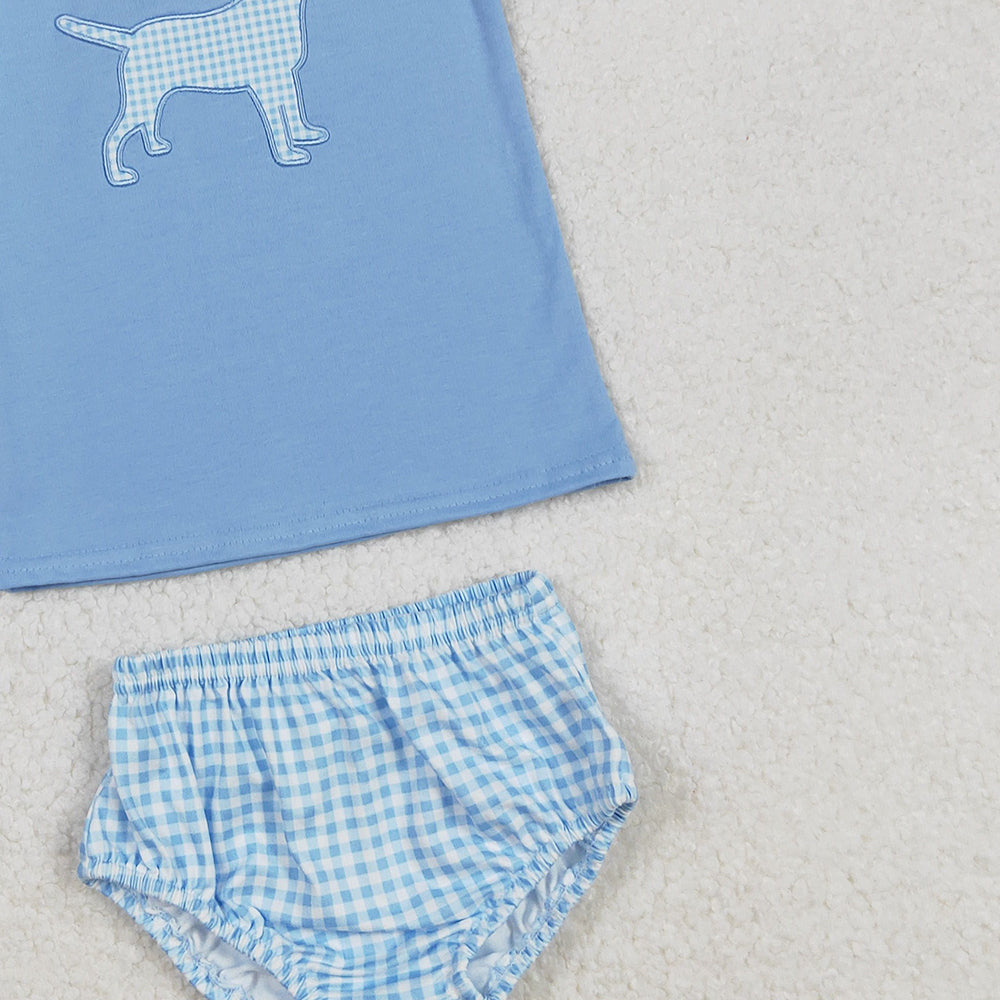 RTS NO MOQ （In stock）GBO0470 Baby Girls Summer Outfits Embroidery Dog Baby Boys Blue Shirts Top Bummies Clothes Sets