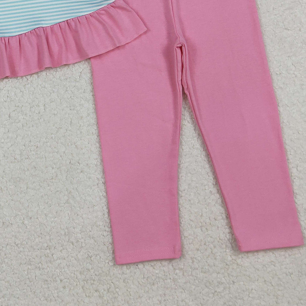 RTS NO MOQ （In stock）GLP2466 Baby Girls Winter Outfits Blue Stripe Long Sleeves Excavator Tunic Pink Legging Pant Set