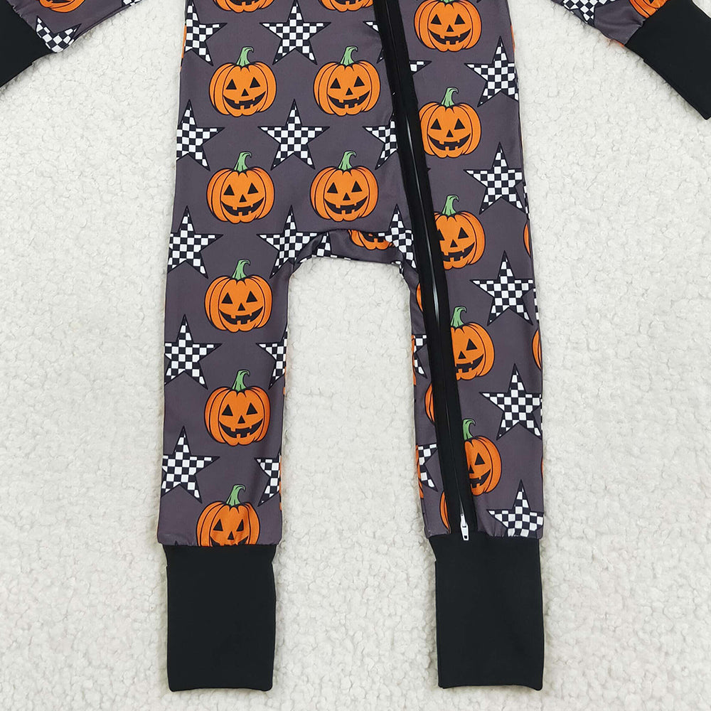 RTS NO MOQ （In stock）LR2464 Baby Boys Winter Rompers Baby Boys Halloween Stars Pumpkins Zipper Footie Rompers