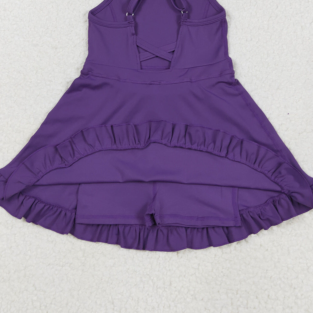 USA Shop (in stock) S0554RTS NO MOQ Baby Girls Summer Yoga Dress Purple straps ruffle baby girls summer active wear