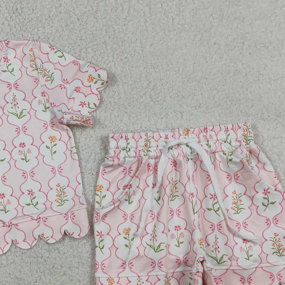 3.27 GSSO3271 RTS NO MOQ （In stock ）Short sleeves pink floral scallop kids girls summer outfits
