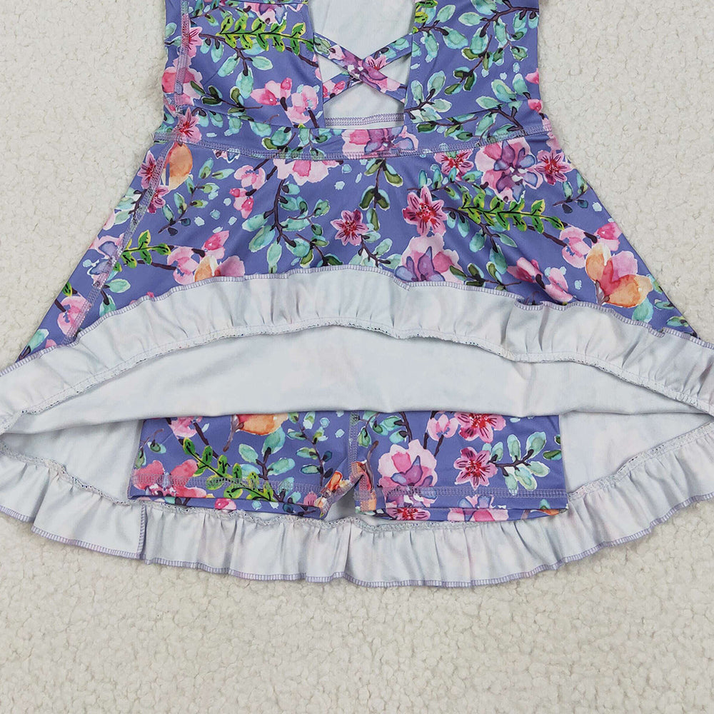 6.03 GSD2279 RTS NO MOQ Baby Girls Summer Yoga Dress  Baby Girls Purple Strap Floral Yoga Ruffle Knee Length Dresses
