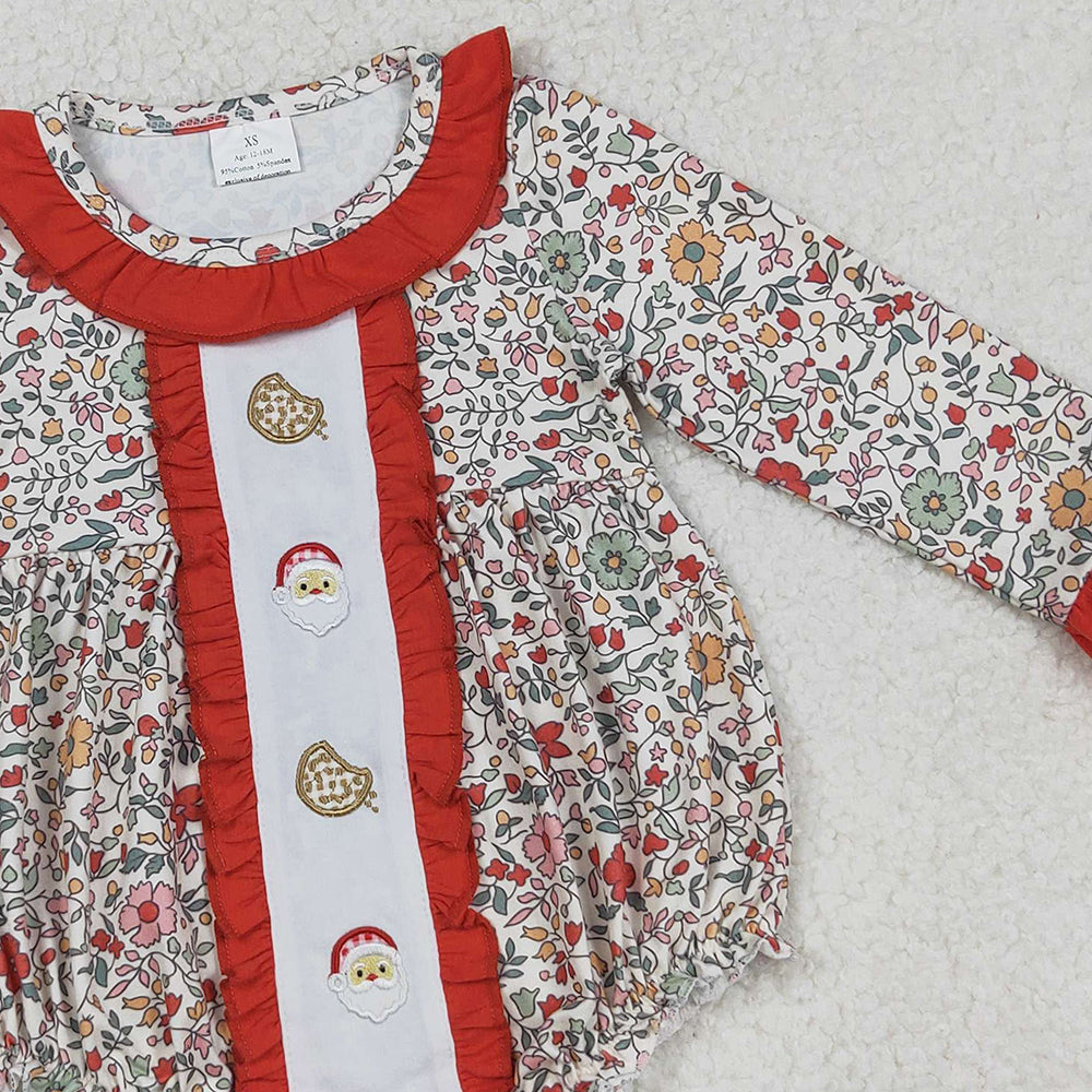 RTS NO MOQ （In stock）LR2232 Baby Girls Winter Rompers Floral Santa Cookie Baby Girls Christmas Romper Holiday Outfit for Infants