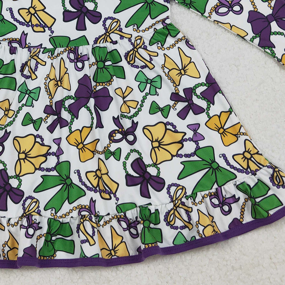 10.10 RTS NO MOQ （In stock）GLD1320 Baby Girls Winter Dress Baby Girls Mardigras Bows Masks Ruffle Knee Length Dresses