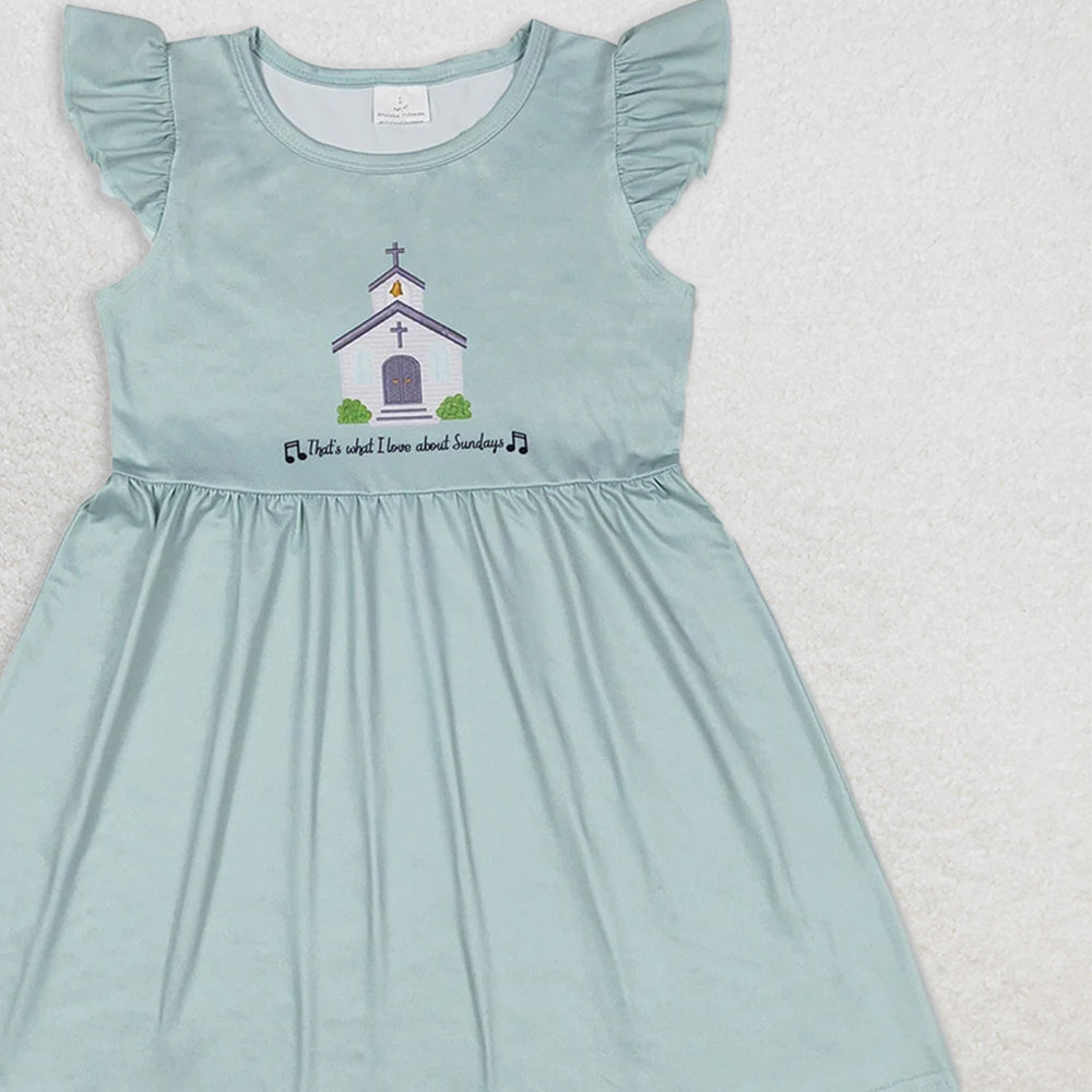 GSD1156 RTS NO MOQ Baby Girls Summer Dress Church letter blue green flying sleeve dress