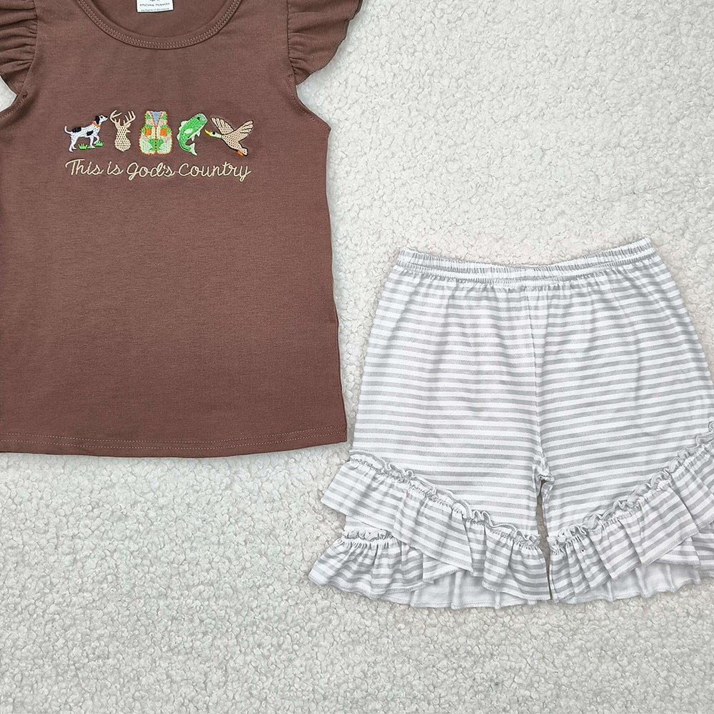 6.09    GSSO2353 RTS NO MOQ Baby Girls Summer Outfits Baby Girls Brown Flutter Sleeves Gods Country Top Ruffle Stripe Short Set