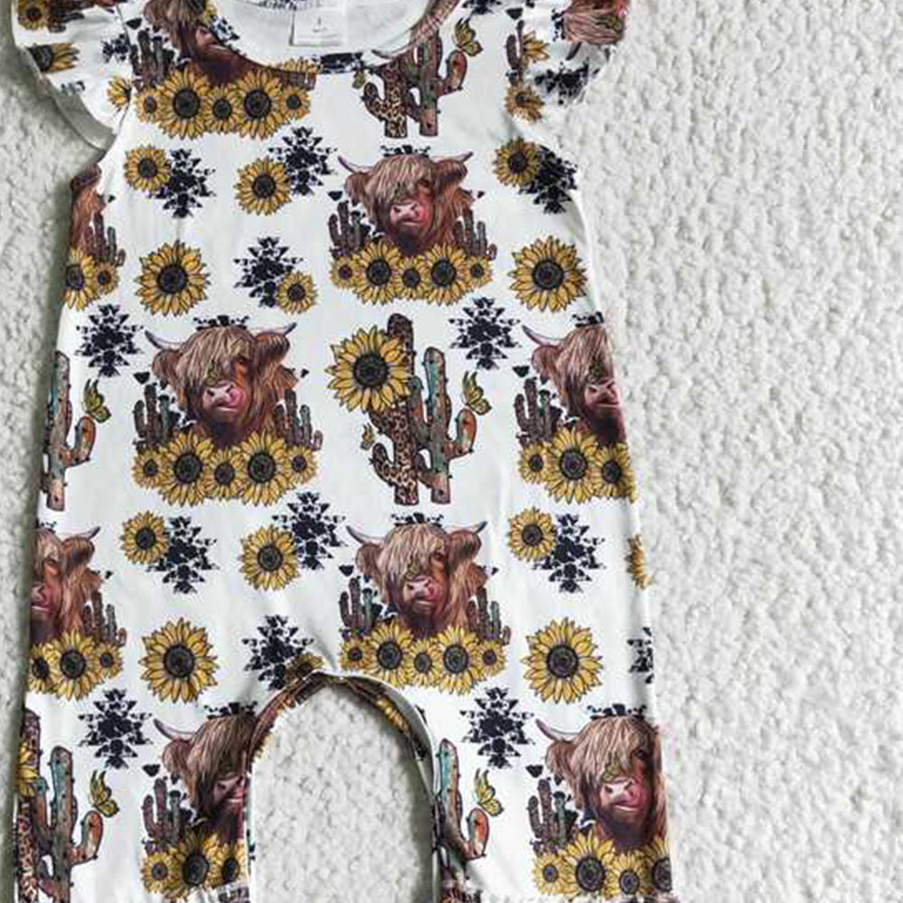 4.17 SR0048 RTS NO MOQ Highland cow sunflower baby kids romper
