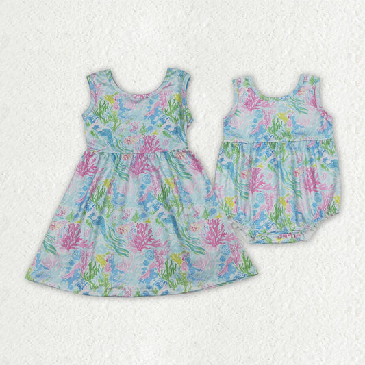 3.26 RTS Sibling Baby Girls Sleeveless Colorful Sea Plants Knee Length Dress Rompers