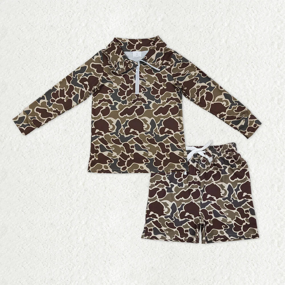 1.13 RTS NO MOQ （In stock）BT1649 + SS0735 Baby Boys Southern Dark Khaki Camo Zip Pullover Pockets Shorts Clothes Sets