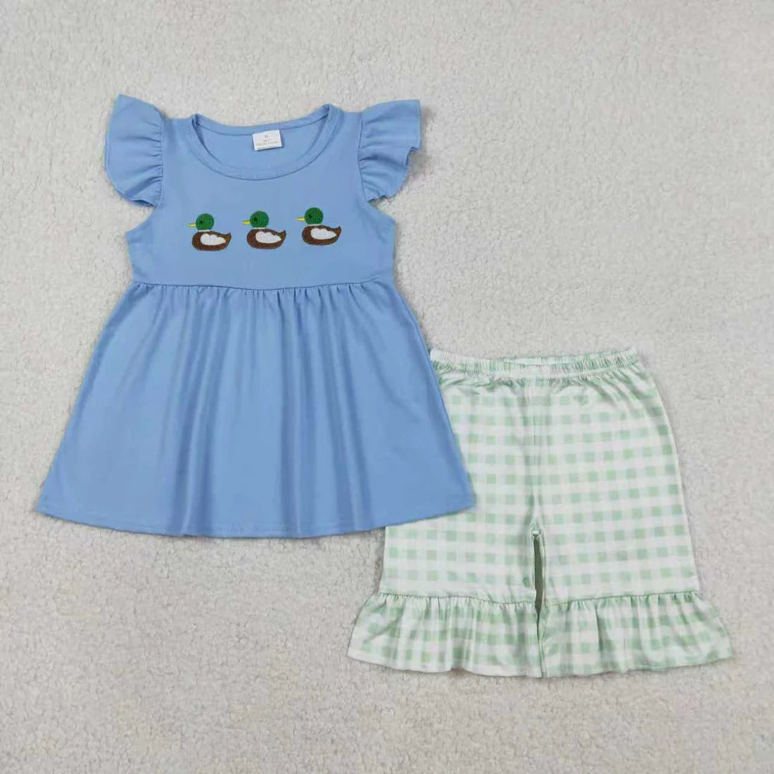 1.10 RTS Sibling Baby Girls Flutter Sleeve Embroidery Ducks Hunting Checked Shorts Clothes Set Ruffle Rompers