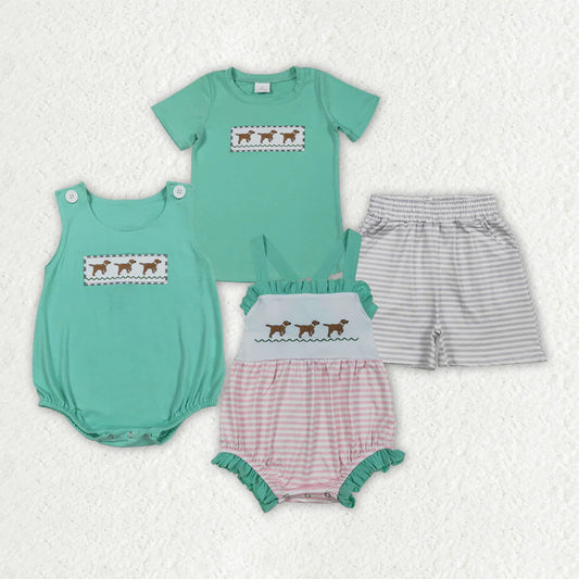 3.20 RTS Sibling Baby Boys Girls Embroidery Dogs Shorts Clothes Set Rompers