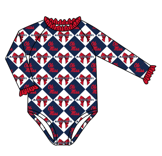 CUSTOM MOQ 5 Baby Girl Clothes Haze Blue Bow Plaid Team Long Sleeve Swimsuits