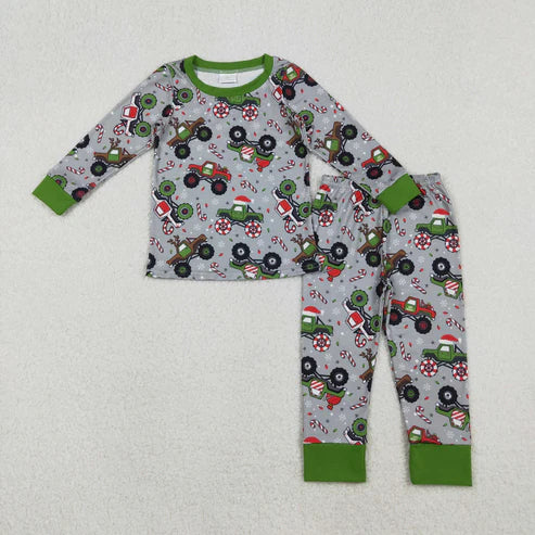 11.4 RTS Sibling Baby Boys Trucks Candy Cane Christmas Pants Pajamas Sets Zipper Rompers