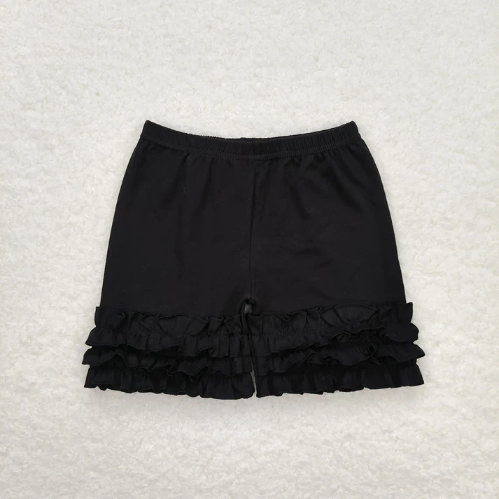 Black solid color three-layer lace long-sleeved top & shorts & trousers