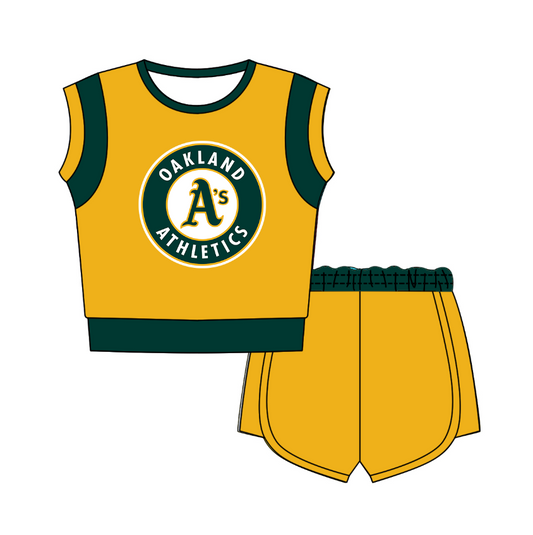 CUSTOM MOQ 5 Cute Comfortable Clothing For Kids Baby Kids Summer Golden Green Sleeveless Patchwork Top Shorts Clothes Sets