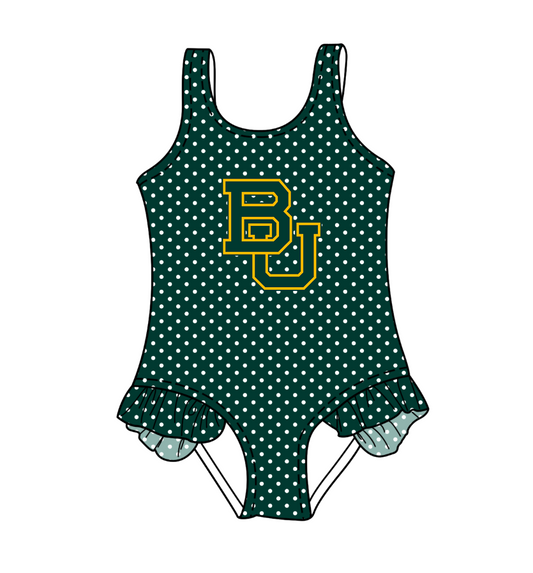 CUSTOM MOQ 5 Cute Comfortable Clothing For Kids Baby Girls Green BU Polka Dots Ruffle Team One Piece Swimsuits