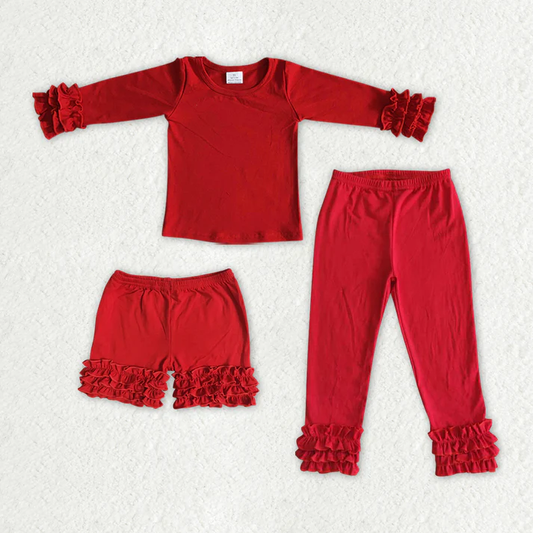 Red solid color three-layer lace long-sleeved top & shorts & trousers