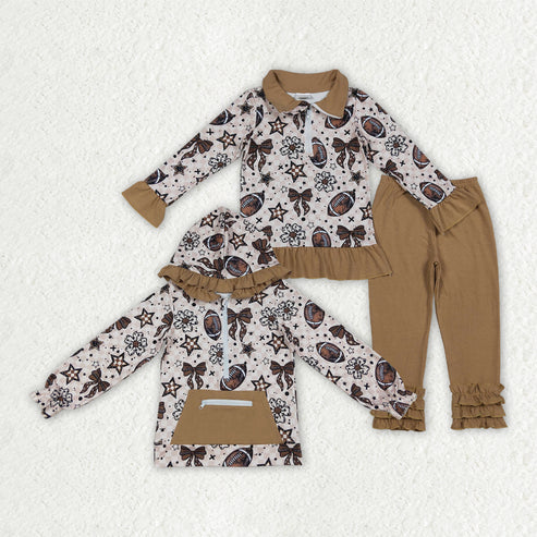 9.27 RTS Sibling Sibling Baby Girls Bows Footballs Zip Pullover Top Pants Team Clothes Sets Ruffle Hoodies Top