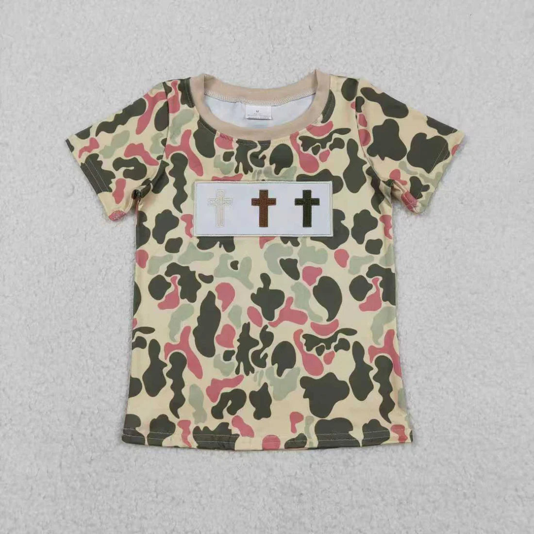 12.16 RTS Sibling Baby Boys Embroidery Crosses Camo Easter T-shirts Shorts Rompers