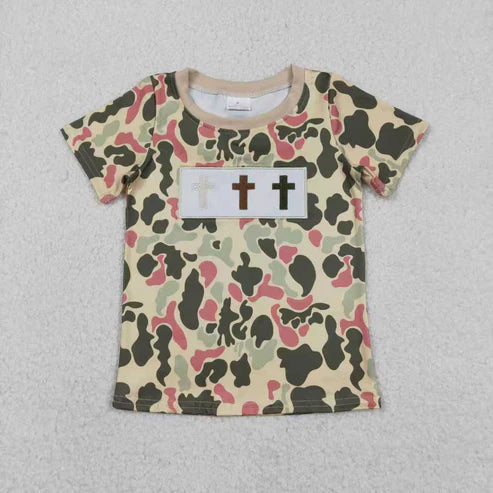 1.8 RST Sibling Baby Boys Embroidery Crosses Camo Easter T-shirts Shorts Rompers