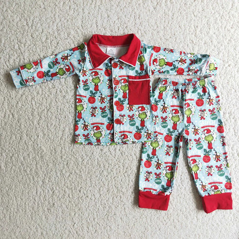 9.17 RTS Sibling Baby Kids Green Faces Miss Button Top Pants Christmas Pajamas Sets