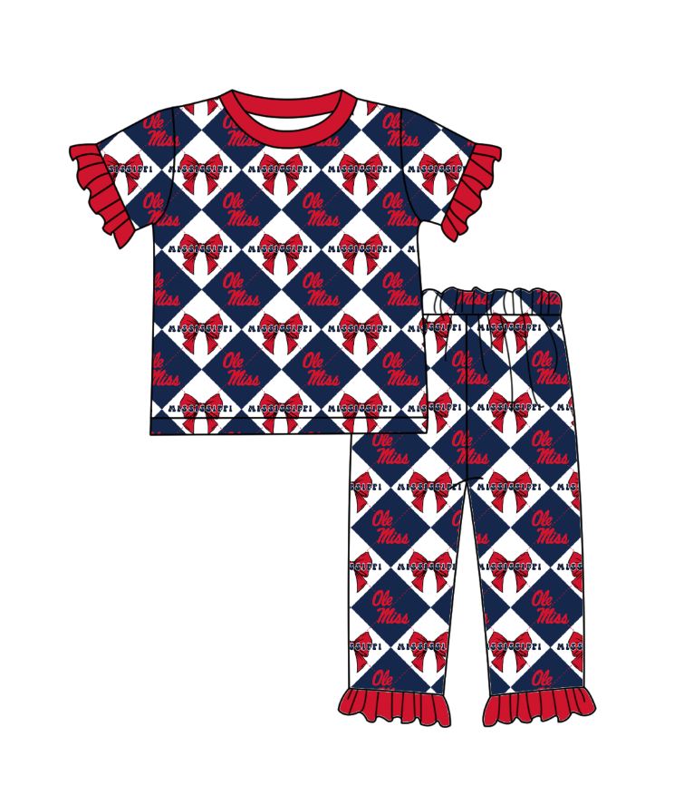 CUSTOM MOQ 5 Baby Girl Clothes Haze Blue Bow Plaid Top Pants Team Pajamas Sets