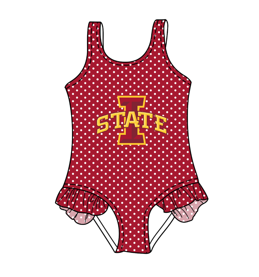 CUSTOM MOQ 5 Cute Comfortable Clothing For Kids Baby Girls Red STATE Polka Dots Ruffle Team One Piece Swimsuits