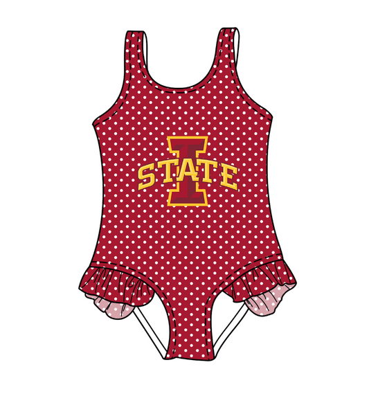 CUSTOM MOQ 5 Cute Comfortable Clothing For Kids Baby Girls Red STATE Polka Dots Ruffle Team One Piece Swimsuits
