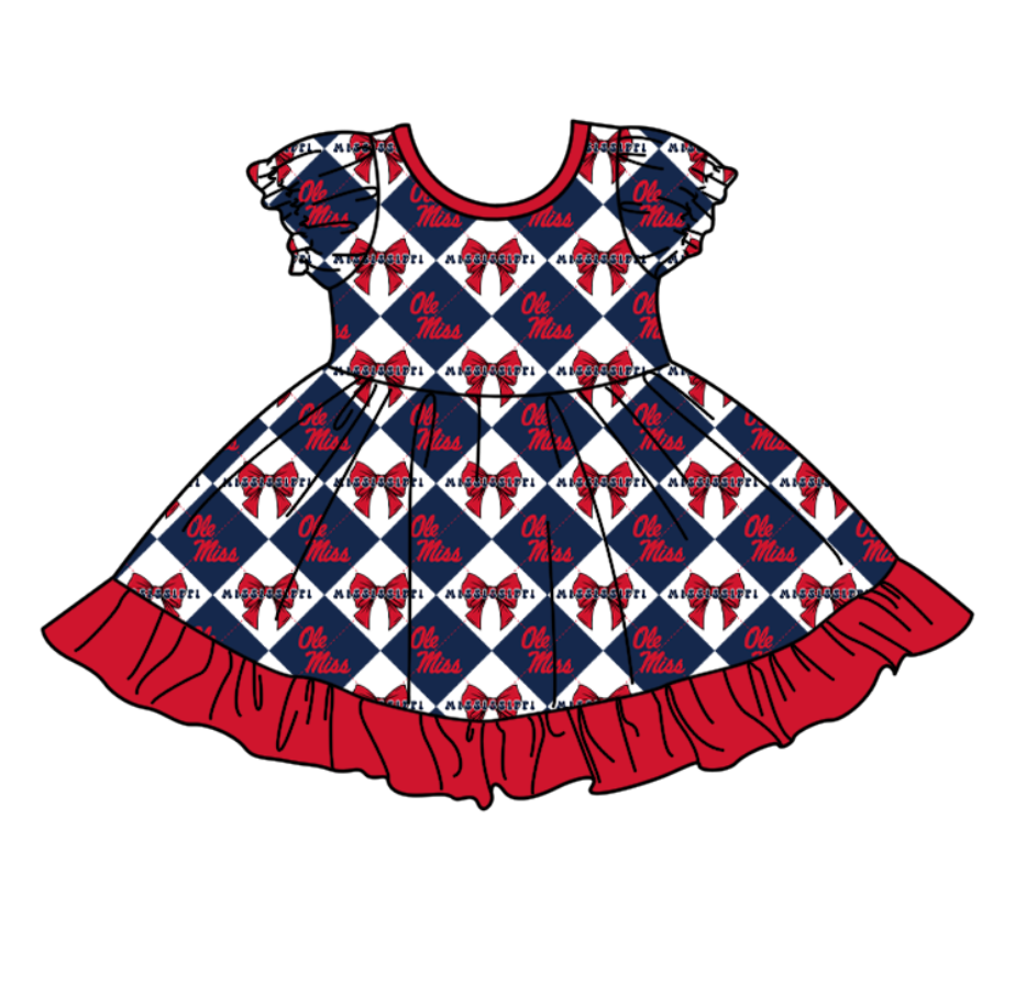 CUSTOM MOQ 5 Baby Girl Haze Blue Bow Plaid Short Sleeve Team Knee Length Dresses