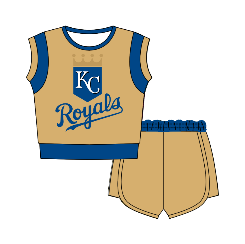 CUSTOM MOQ 5 Cute Comfortable Clothing For Kids Baby Kids Summer Khaki Blue Sleeveless Patchwork Top Shorts Clothes Sets