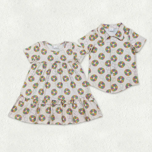 11.8 RTS Sibling Baby Boys Girls Short Sleeve Mardigras Donuts Necklaces Knee Length Dress Button Shirts Top