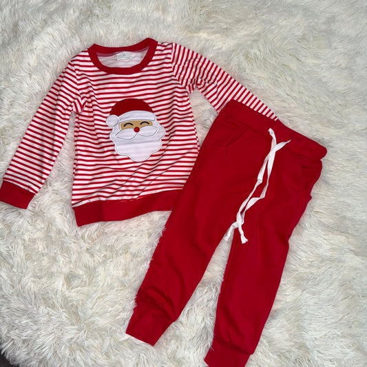 11.11 RST BLP1223 Embroidery Santa Baby Boys Red Stripe Top Pockets Jogger Pants Christmas Clothes Sets