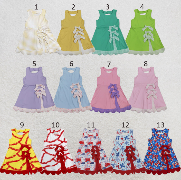 RTS NO MOQ Sibling yoga fabric Baby Girls Bow Scallop Trim Knee Length  Athletic Short Dress
