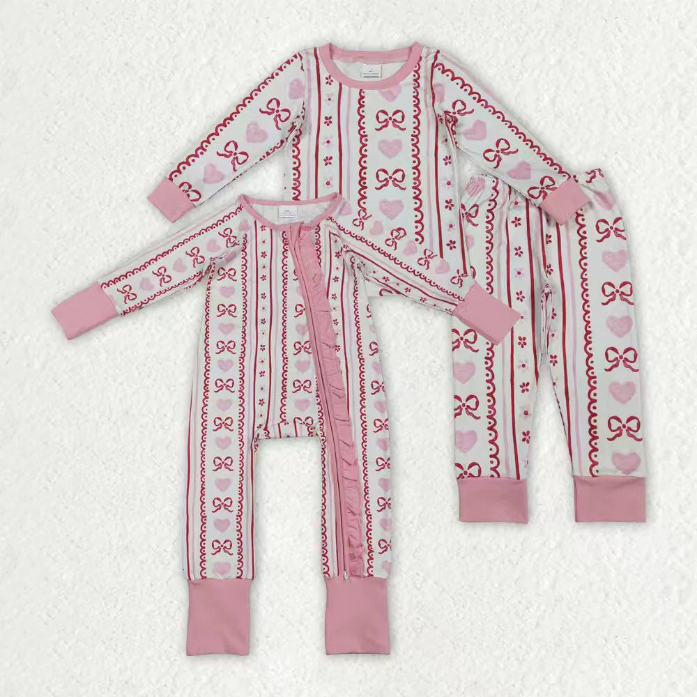 11.18 RTS Sibling Baby Girls Pink Hearts Bows Stripes Valentines Pajamas Sets Ruffle Zipper Rompers