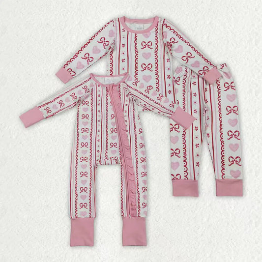 11.18 RTS Sibling Baby Girls Pink Hearts Bows Stripes Valentines Pajamas Sets Ruffle Zipper Rompers