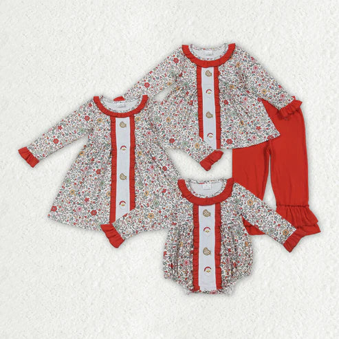 9.20 RTS Sibling Embroidery Santa Cookie Baby Girls Floral Christmas Clothes Sets Rompers Knee Length Dresses