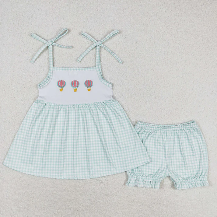 White Top Girl's Short Sleeve Shorts Set Hot Air Balloon Print Casual Children's Outfit for Girls