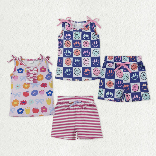 12.6 RTS Sibling Baby Girls Sleeveless Flowers Smiles Checked Bows Top Shorts Clothes Sets