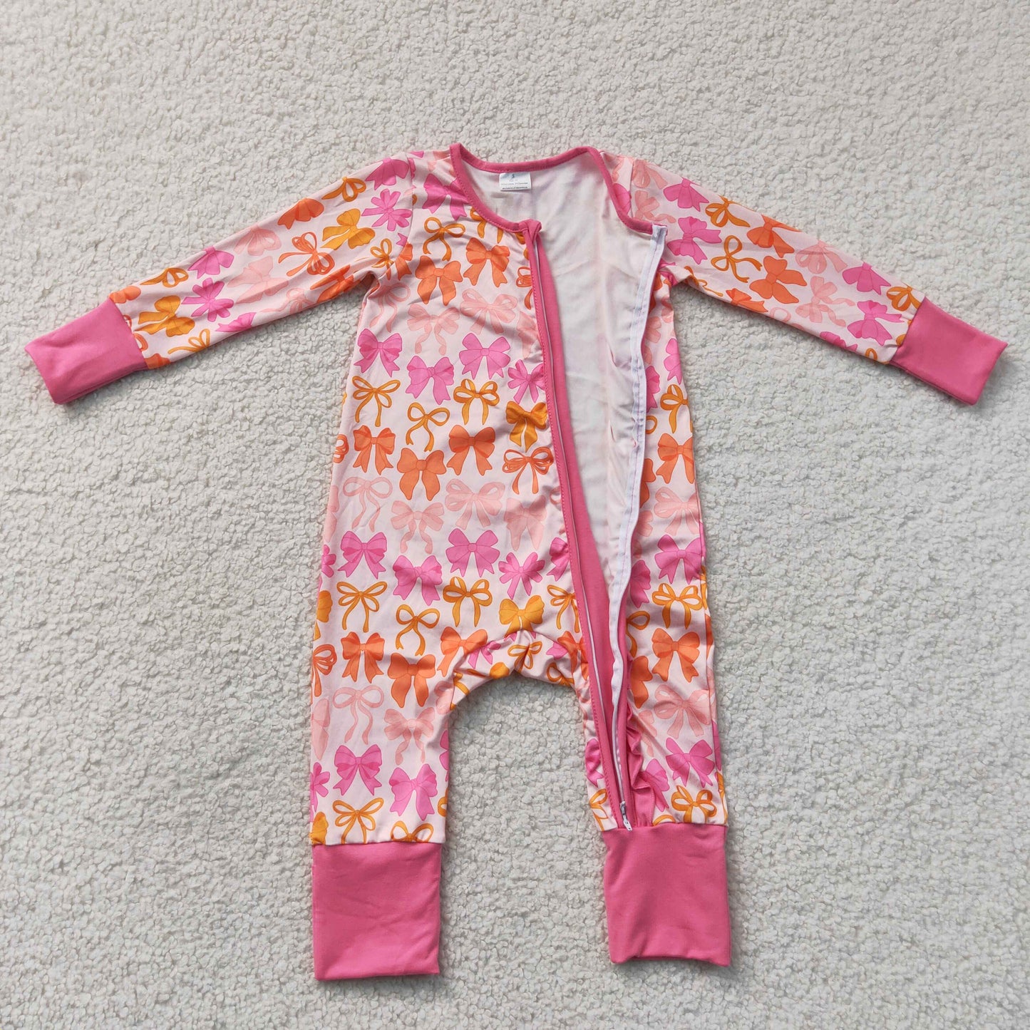 LR2567  RTS NO MOQ （In stock）Baby Girls Cute Pink Bow Plaid Printed Long Sleeve Two Way Zip Ruffle Convertible Rompers