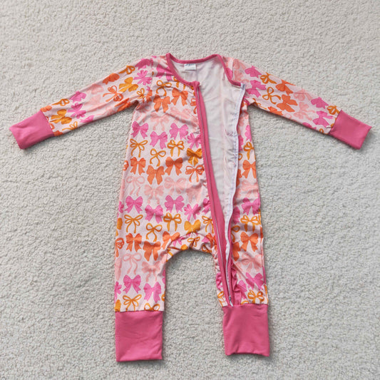 LR2567  RTS NO MOQ （In stock）Baby Girls Cute Pink Bow Plaid Printed Long Sleeve Two Way Zip Ruffle Convertible Rompers