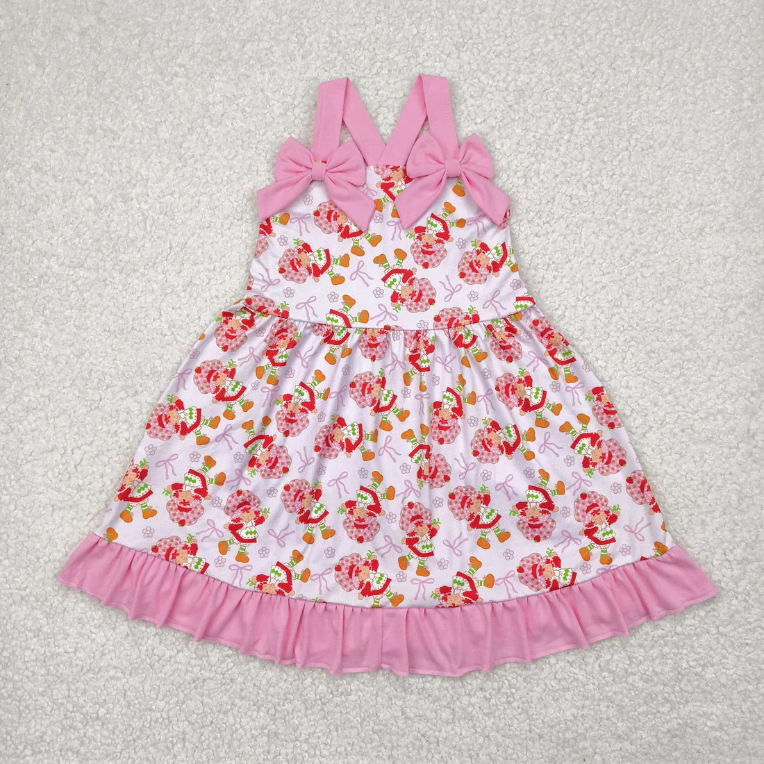 11.10 RTS Sibling Baby Girls Pink Strap Bows Strawberry Floral Knee Length Dresses Rompers