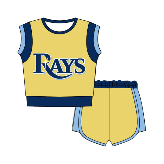 CUSTOM MOQ 5 Cute Comfortable Clothing For Kids Baby Kids Summer Yellow Blue Rays Sleeveless Patchwork Top Shorts Clothes Sets